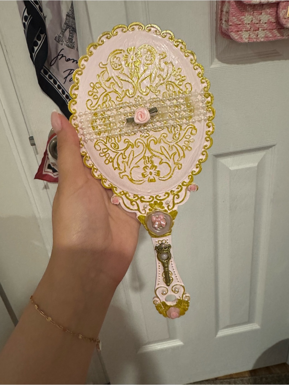 Glinda inspired handmade powder Pink Hand Mirror with Gold Accents